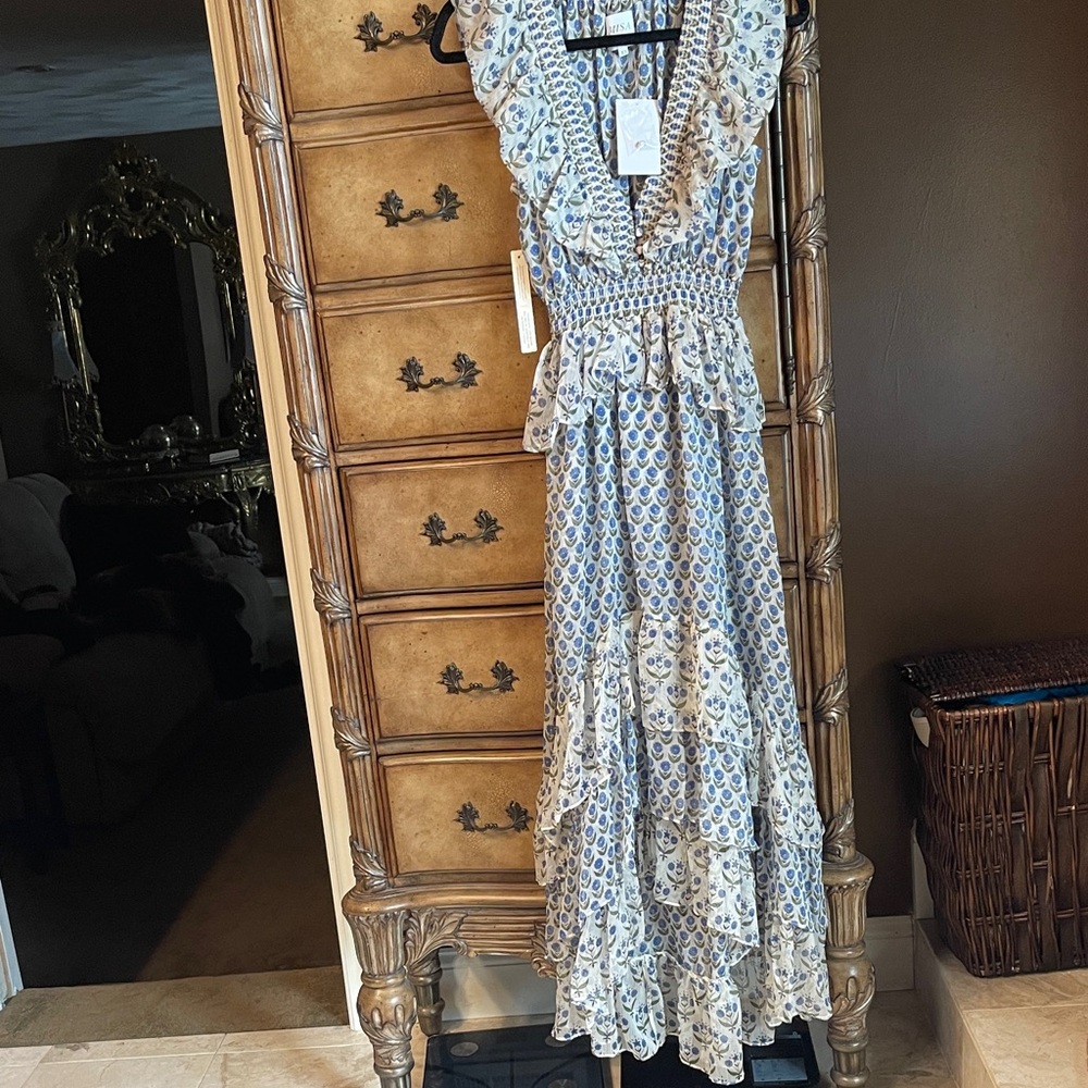 Misa Los Angeles Blue and Cream Midi Dress